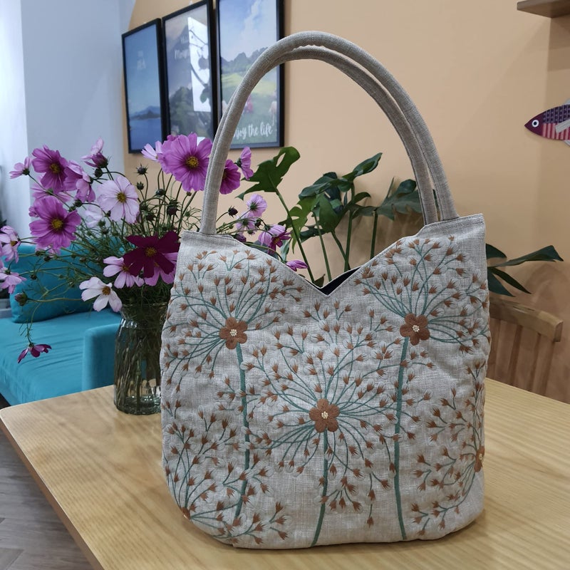 HCRAFT Embroidered Handbags for Women, Large Dandelion Shoulder Bag with Zipper,13.8x6.3x14.5 Fabric Tote Bag, Hobo Bags For Women, Mother's Day Bag, Tote Bag Aesthetic with Inner Pocket - Image 2
