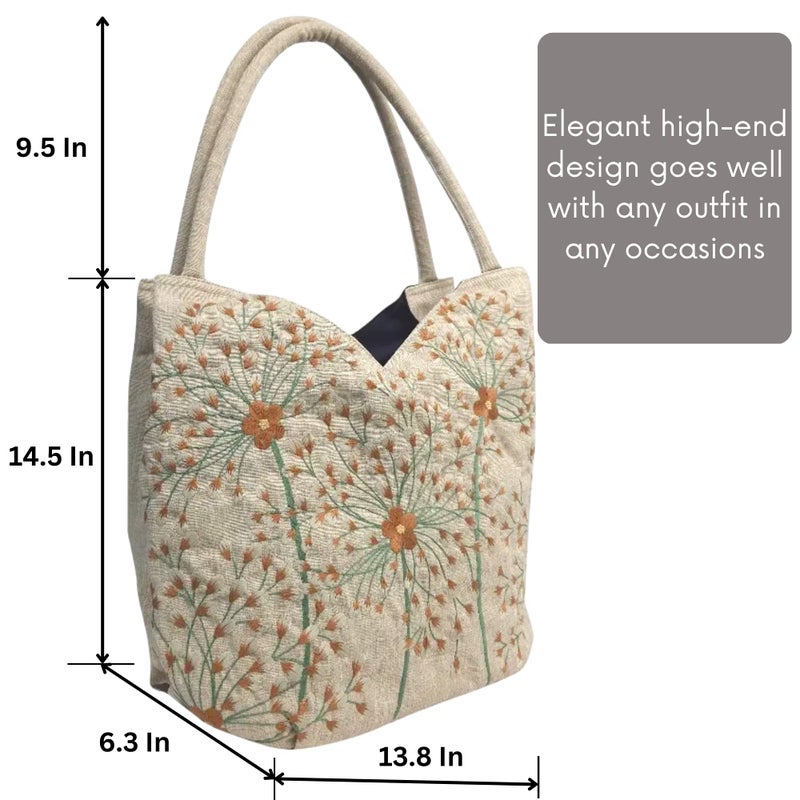 HCRAFT Embroidered Handbags for Women, Large Dandelion Shoulder Bag with Zipper,13.8x6.3x14.5 Fabric Tote Bag, Hobo Bags For Women, Mother's Day Bag, Tote Bag Aesthetic with Inner Pocket - Image 4