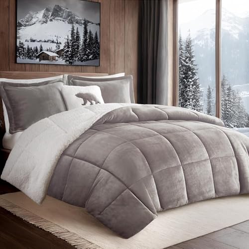 Woolrich John Rich & Bros. Woolrich Reversible Comforter Set Ultra Soft Plush to Sherpa, Down Alternative, Cold Weather Winter Warm Bedding, with Matching Sham, Decorative Pillow Grey/Ivory Full/Queen 4 Piece - Image 1