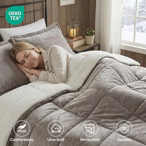 Woolrich John Rich & Bros. Woolrich Reversible Comforter Set Ultra Soft Plush to Sherpa, Down Alternative, Cold Weather Winter Warm Bedding, with Matching Sham, Decorative Pillow Grey/Ivory Full/Queen 4 Piece - Image 2