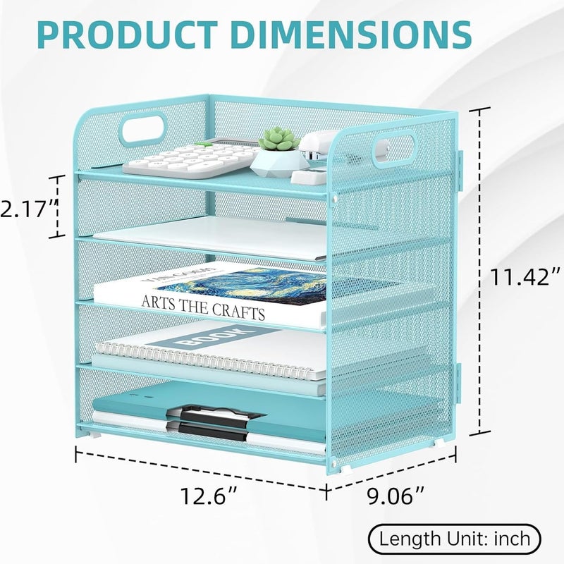 SUPEASY 5 Trays Paper Organizer Letter Tray with Handle-Mesh Desk File Organizer, Paper Sorter Desk Organizer for Office, Home or School (Light Blue) - Image 5