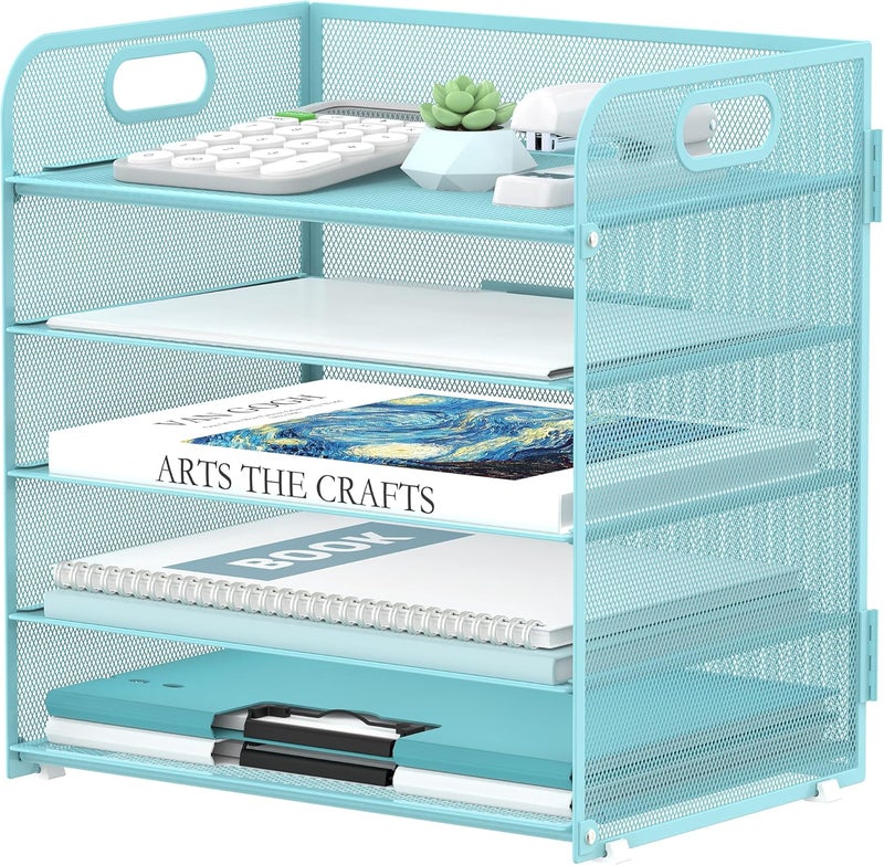 SUPEASY 5 Trays Paper Organizer Letter Tray with Handle-Mesh Desk File Organizer, Paper Sorter Desk Organizer for Office, Home or School (Light Blue) - Image 1
