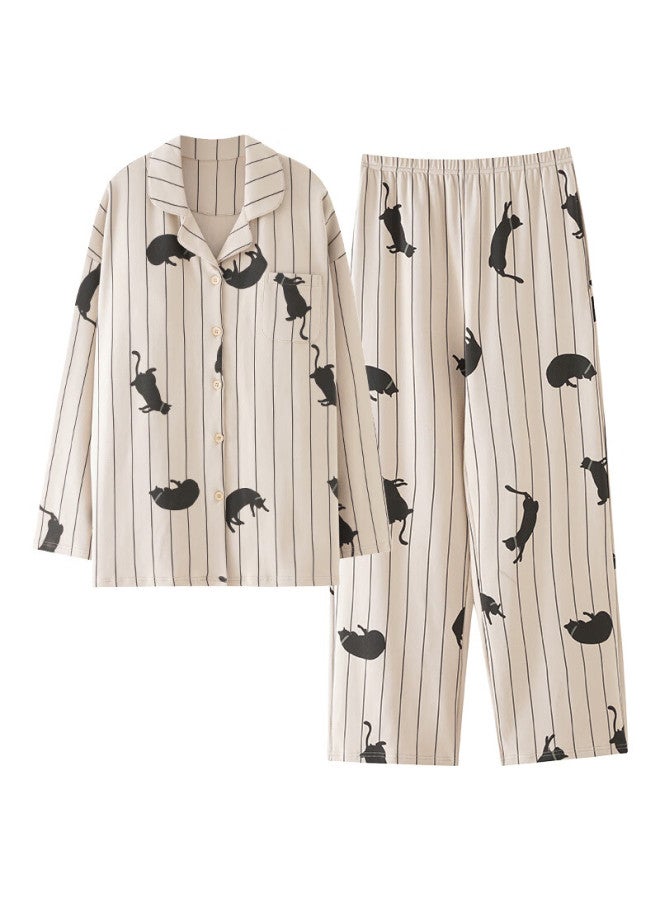 Yalu 100% Cotton Women's Pajamas 2025 Cardigan Long Sleeve Long Pants Cute Cat Homewear Outerwear