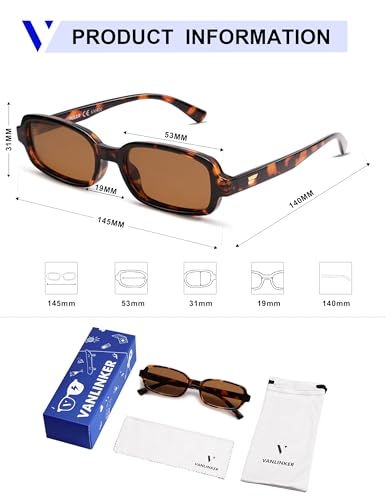 VANLINKER Retro Rectangle Polarized Sunglasses for Women Men Small 90s Style Vintage Trendy Narrow Rectangular Frame VL9813, Tortoise/Brown - Image 5
