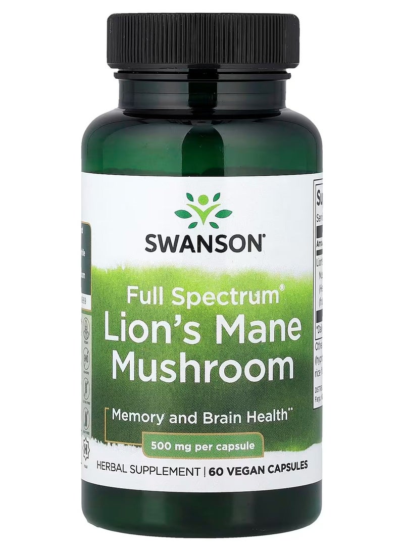 SWANSON Full Spectrum Lion's Mane Mushroom 500 mg 60 Vegan Capsules - Image 1