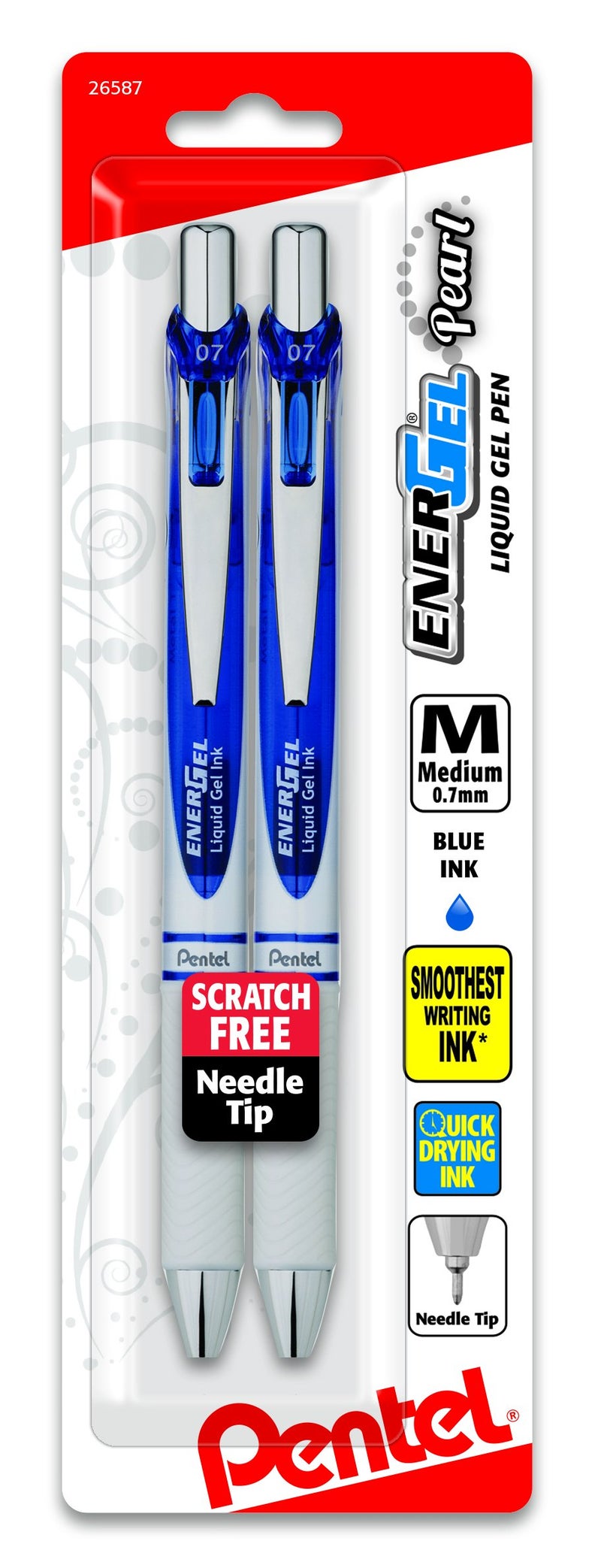 Pentel EnerGel Pearl Retractable Liquid Gel Pen, Needle Tip (0.7mm) Medium Line, Blue Ink, 2-Pk (BLN77WBP2C) - Image 1