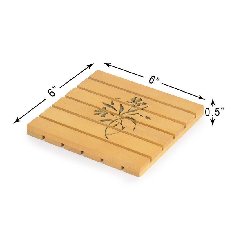 StyleMyWay Hand Carved Steam Beach Wood Yellow Square Trivet ? 6in X 6in - Image 3