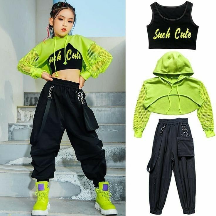 Ameeha Girls Hip Hop Dance Clothes 3PCS Crop Top Cargo Pants Sets Active Outfits (8 Years-9 Years) - Image 3