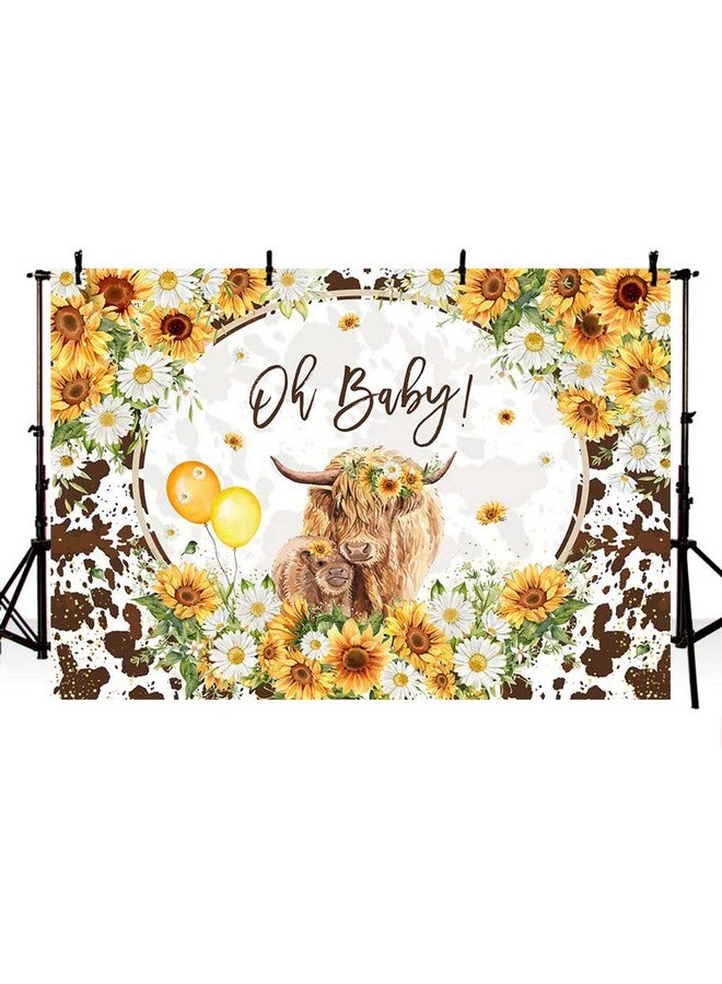 MEHOFOND 7X5Ft Highland Cows Baby Shower Backdrop Brown Cattles Oh Baby Girls Baby Shower Party Decorations Sunflowers Farm Cow Photography Background For Girls Cake Table Banner Supplies - Image 3