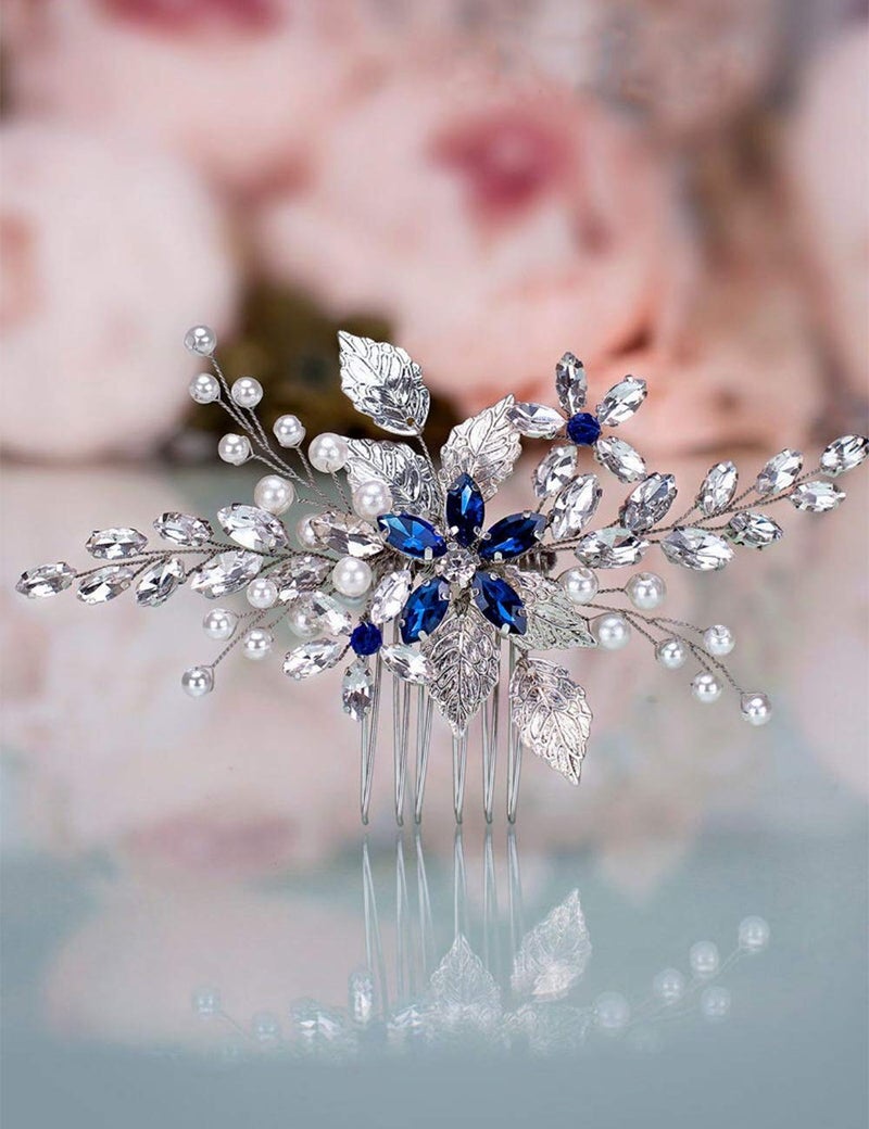 Aimimier Bridal Sapphire Crystal Hair Comb Pearl Blue Crystal Leaf Marquise Hair Piece Prom Party Festival Wedding Hair Accessories for Women and Girls Silver