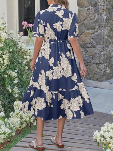 Wenrine Womens Casual Shirt Dress Floral Collared Short Sleeve Button Down Drawstring Waist Loose Summer Maxi Dresses Navy - Image 5
