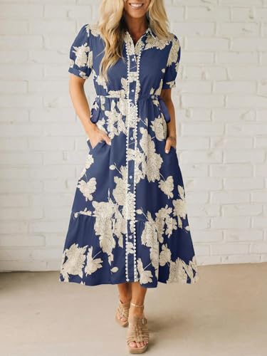 Wenrine Womens Casual Shirt Dress Floral Collared Short Sleeve Button Down Drawstring Waist Loose Summer Maxi Dresses Navy - Image 2
