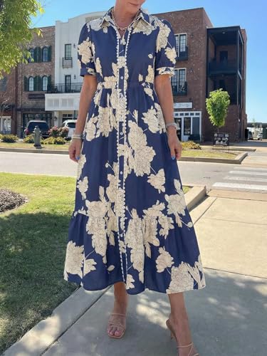 Wenrine Womens Casual Shirt Dress Floral Collared Short Sleeve Button Down Drawstring Waist Loose Summer Maxi Dresses Navy - Image 3