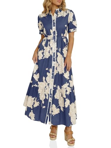 Wenrine Womens Casual Shirt Dress Floral Collared Short Sleeve Button Down Drawstring Waist Loose Summer Maxi Dresses Navy - Image 1
