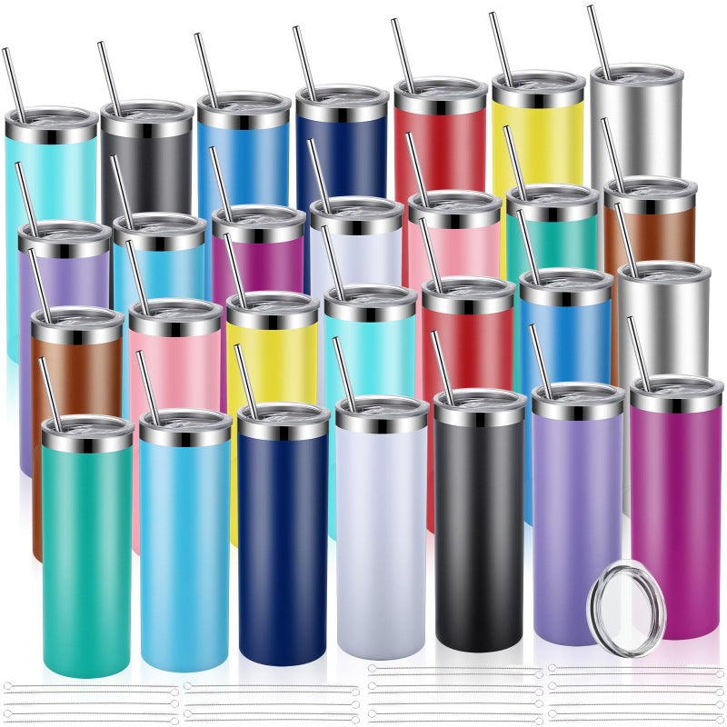Remagr Remagr Skinny Tumblers Bulk 20 oz Stainless Steel with Lids and Straws Blank Slim Insulated Cup Double Layer Water Cups for Travel DIYBright Color28 Pcs 