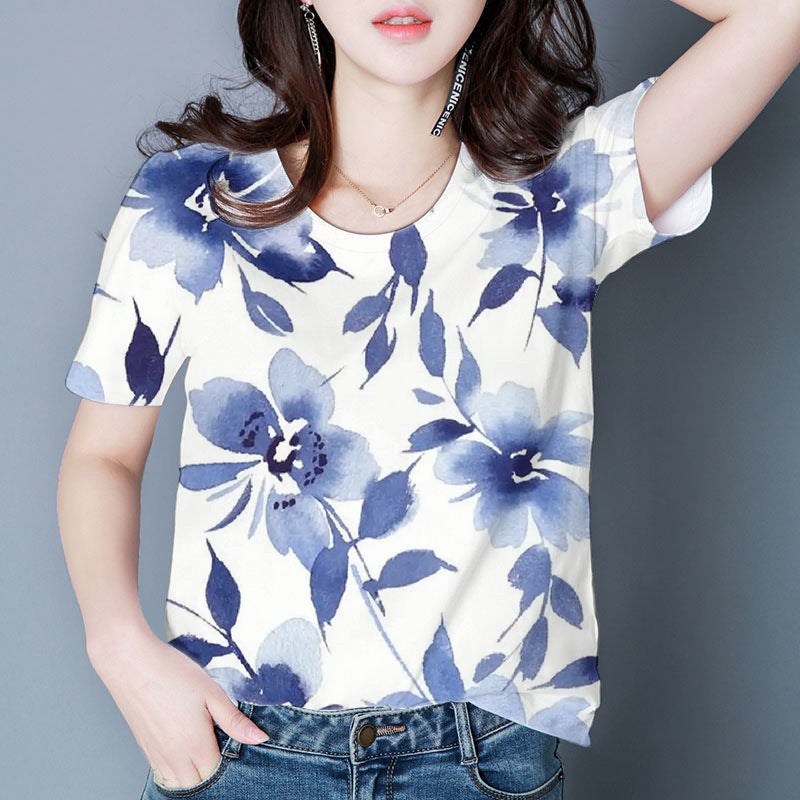 2025 Women'S Floral T-Shirt Short-Sleeved Printed Round-Neck Shirt Thin Style Sale - Image 5
