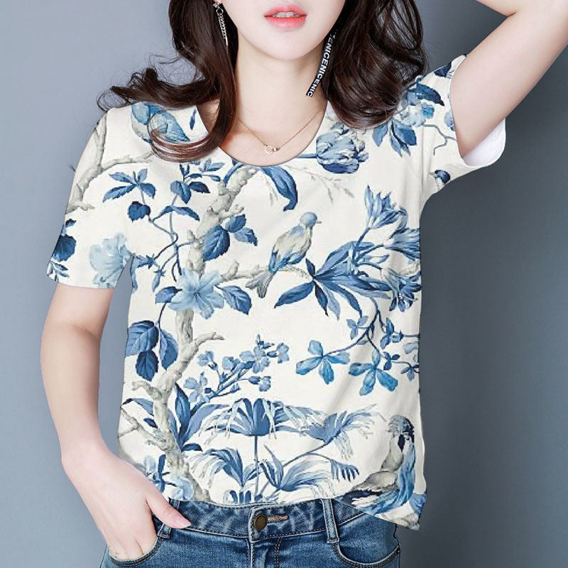 2025 Women'S Floral T-Shirt Short-Sleeved Printed Round-Neck Shirt Thin Style Sale - Image 4