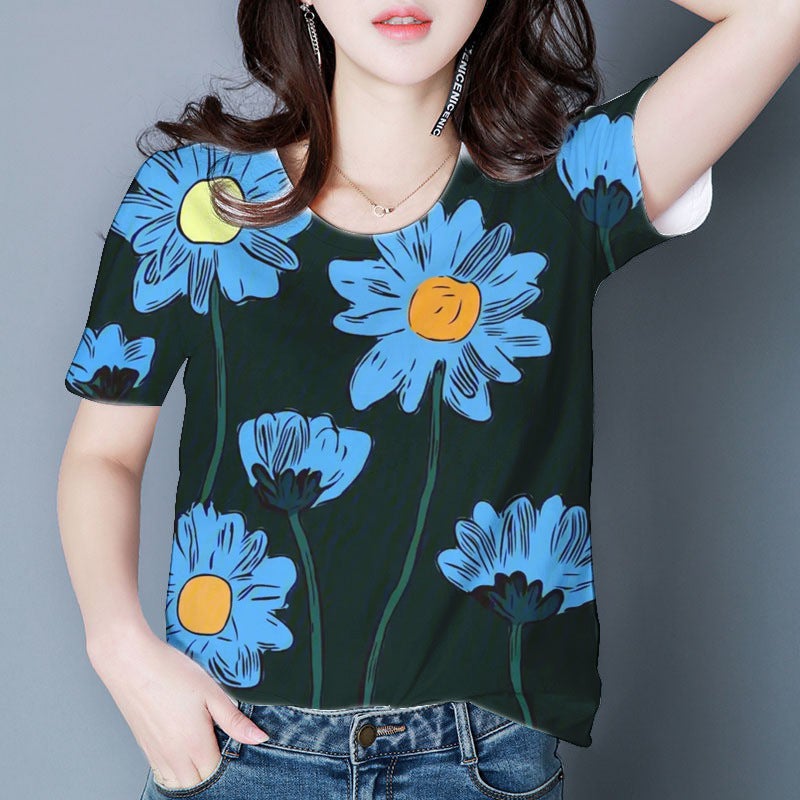 2025 Women'S Floral T-Shirt Short-Sleeved Printed Round-Neck Shirt Thin Style Sale - Image 3