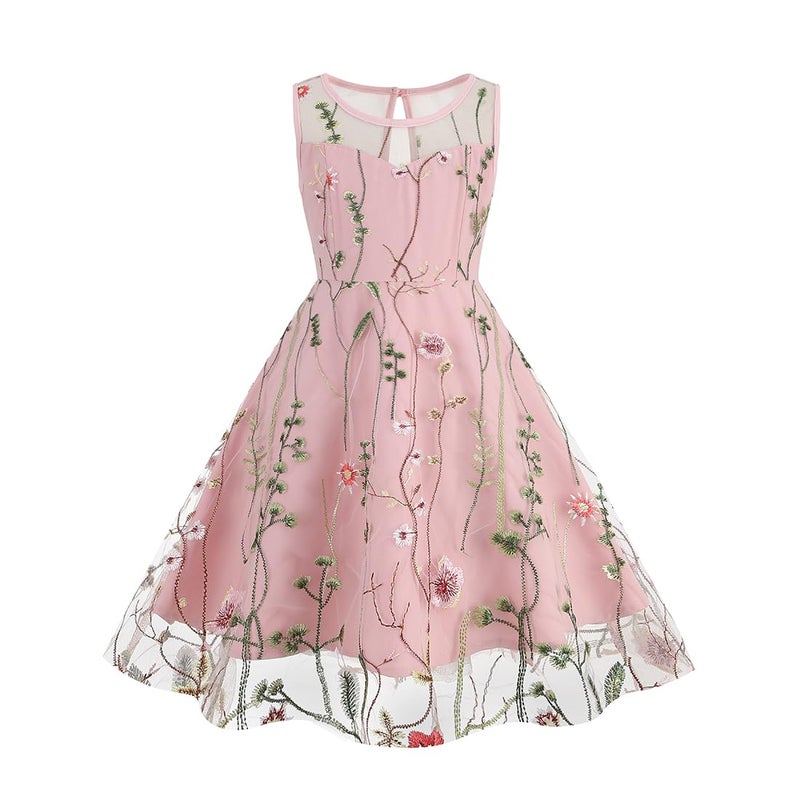 IWEMEK Mommy and Me Matching Floral Dresses Mommy Daughter Dress Girls Floral Embroidered Dress Mesh Illusion Floral Embroidery Tulle Dress Summer Birthday Party Wedding Princess Pageant Dress Pink 5-6 Years - Image 4