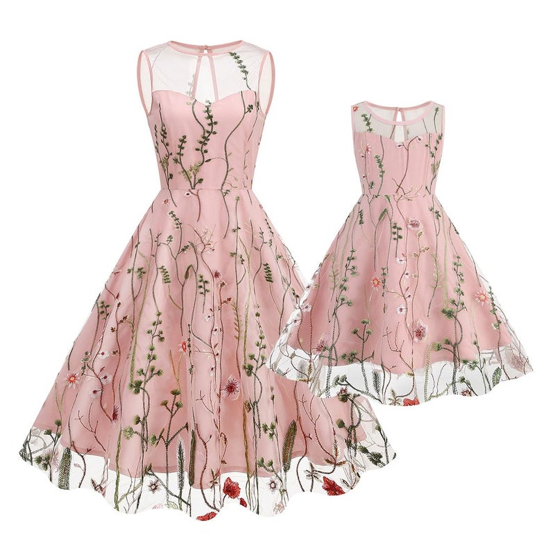 IWEMEK Mommy and Me Matching Floral Dresses Mommy Daughter Dress Girls Floral Embroidered Dress Mesh Illusion Floral Embroidery Tulle Dress Summer Birthday Party Wedding Princess Pageant Dress Pink 5-6 Years - Image 1
