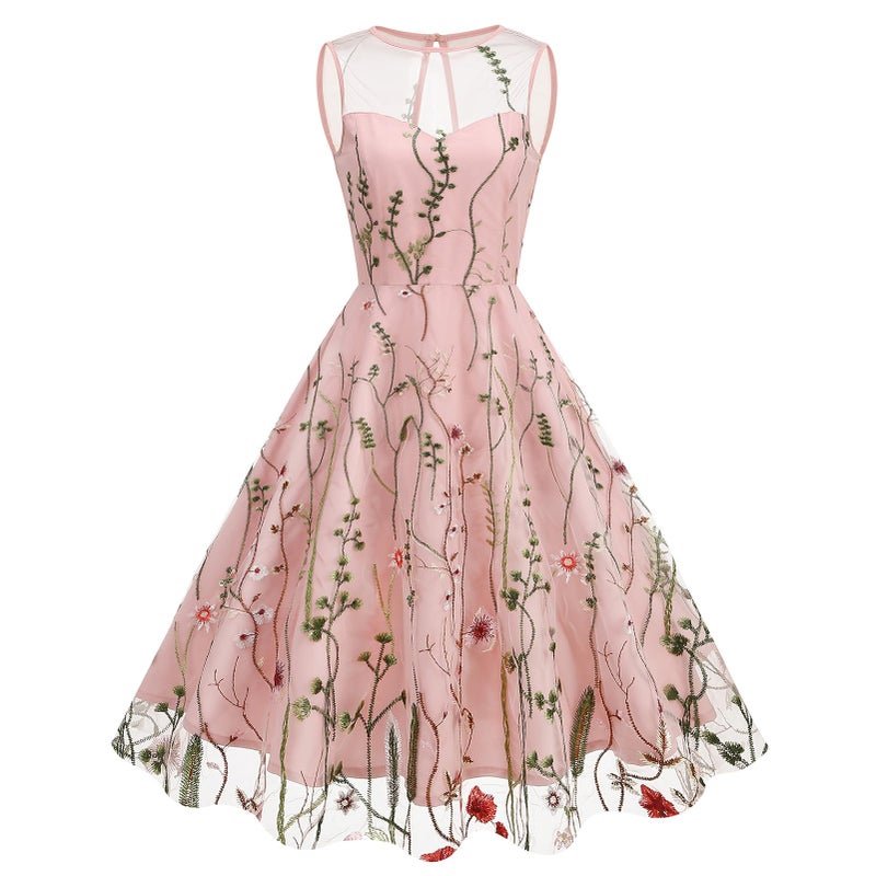 IWEMEK Mommy and Me Matching Floral Dresses Mommy Daughter Dress Girls Floral Embroidered Dress Mesh Illusion Floral Embroidery Tulle Dress Summer Birthday Party Wedding Princess Pageant Dress Pink 5-6 Years - Image 2