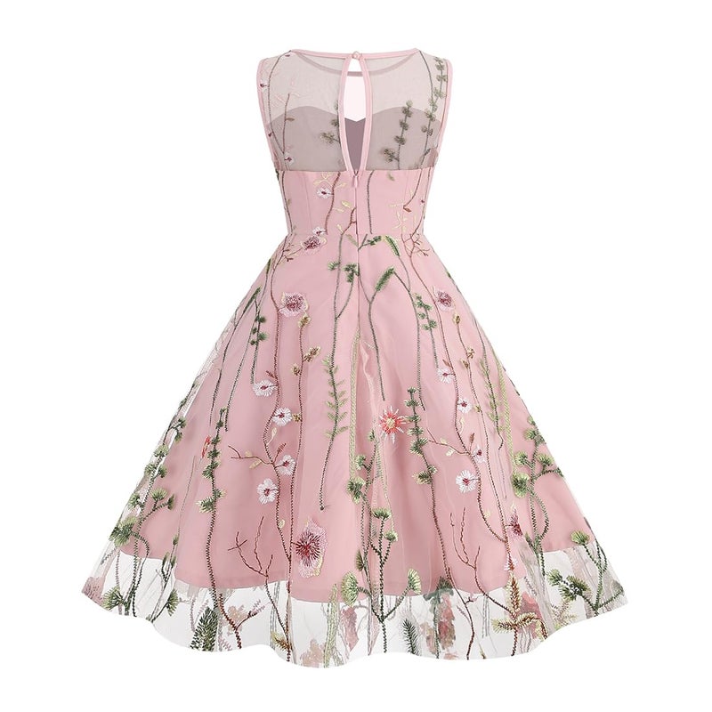 IWEMEK Mommy and Me Matching Floral Dresses Mommy Daughter Dress Girls Floral Embroidered Dress Mesh Illusion Floral Embroidery Tulle Dress Summer Birthday Party Wedding Princess Pageant Dress Pink 5-6 Years - Image 5