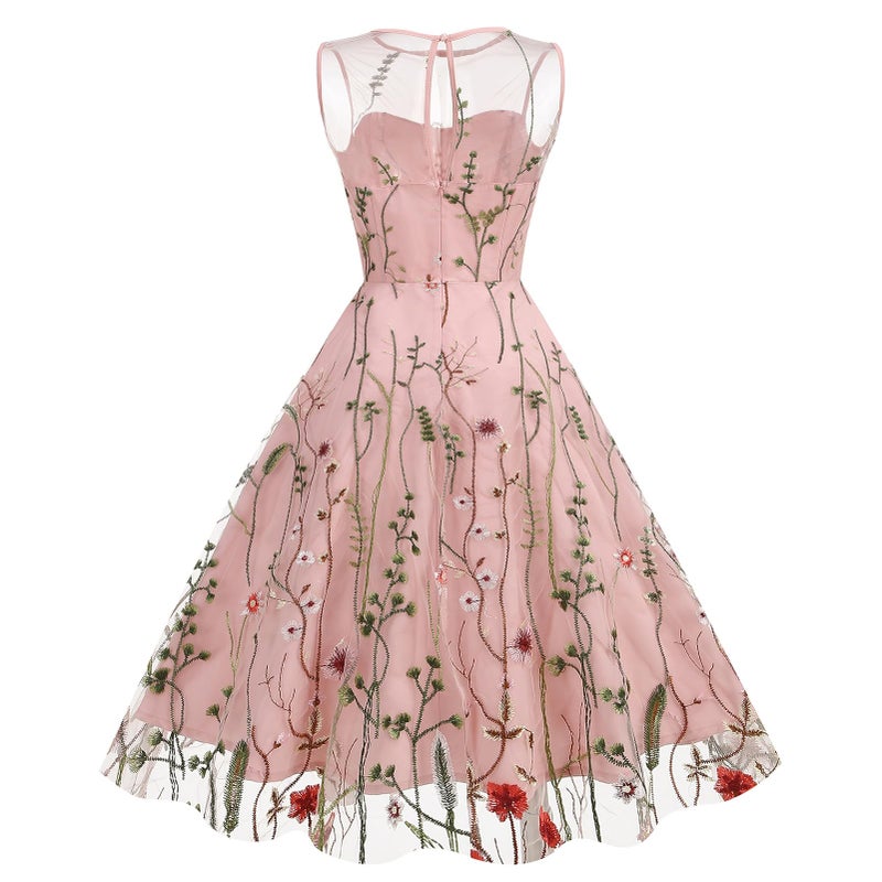 IWEMEK Mommy and Me Matching Floral Dresses Mommy Daughter Dress Girls Floral Embroidered Dress Mesh Illusion Floral Embroidery Tulle Dress Summer Birthday Party Wedding Princess Pageant Dress Pink 5-6 Years - Image 3