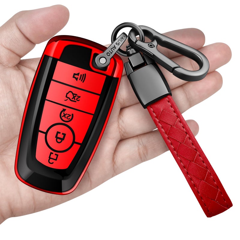 Sindeda for Ford Key Fob Cover with Keychain Soft Full Protection Key Shell Key Case Compatible with Mustang Fusion Raptor F150 Explorer Expedition Lincoln Aviator Corsair (Red, 5 Buttons) - Image 1