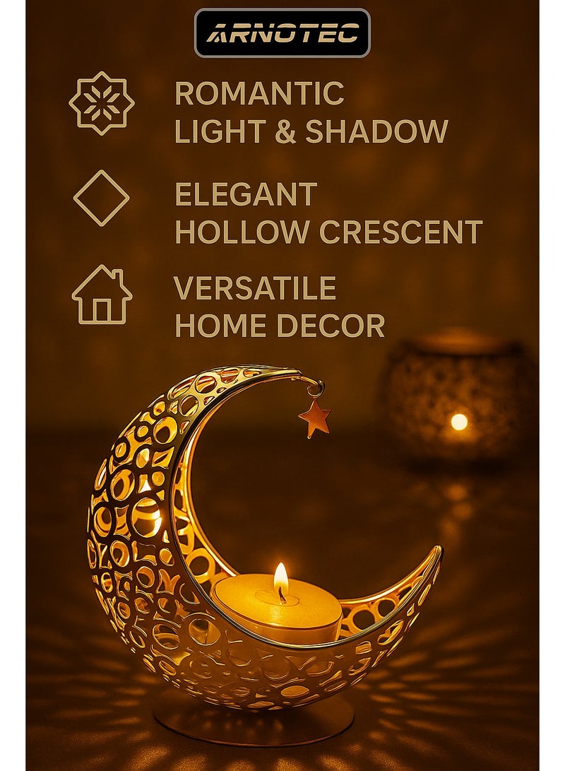 ARNOTEC Ramadan Moon Shaped Candle Holder, Metal Candlestick for Party Home Living Room, Gold, Home & Garden Decor, 1 Candle Holder - Image 1
