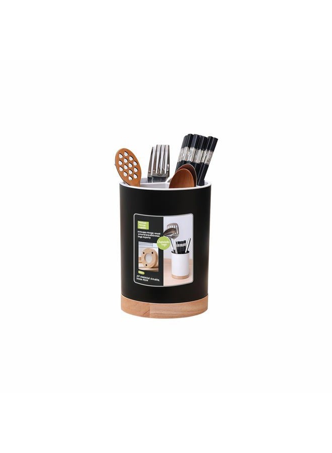 BUBBLE-FLY Modern Kitchen Utensil Holder with Drainage, Black and Wood Base, 3 Compartment Divided Organizer for Spoons Forks Knives, Countertop Caddy for Cooking Tools and Cutlery Storage- Non-Slip - Image 1