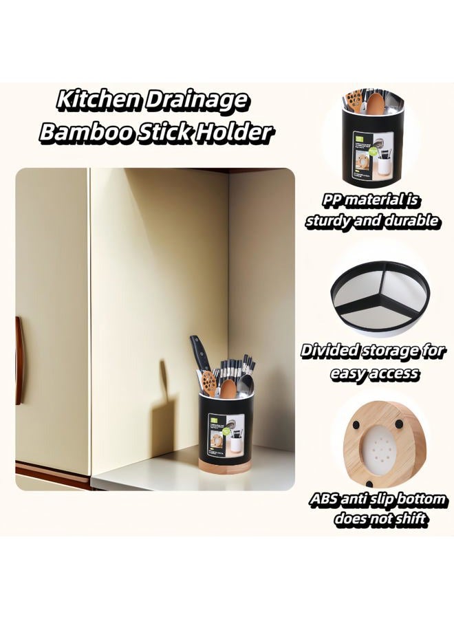 BUBBLE-FLY Modern Kitchen Utensil Holder with Drainage, Black and Wood Base, 3 Compartment Divided Organizer for Spoons Forks Knives, Countertop Caddy for Cooking Tools and Cutlery Storage- Non-Slip - Image 2