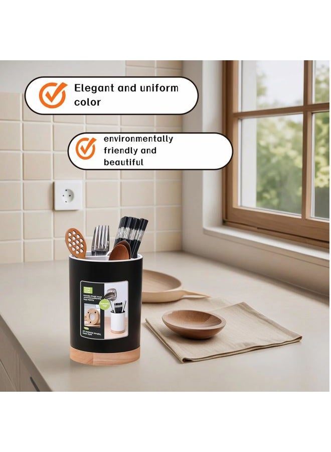 BUBBLE-FLY Modern Kitchen Utensil Holder with Drainage, Black and Wood Base, 3 Compartment Divided Organizer for Spoons Forks Knives, Countertop Caddy for Cooking Tools and Cutlery Storage- Non-Slip - Image 5