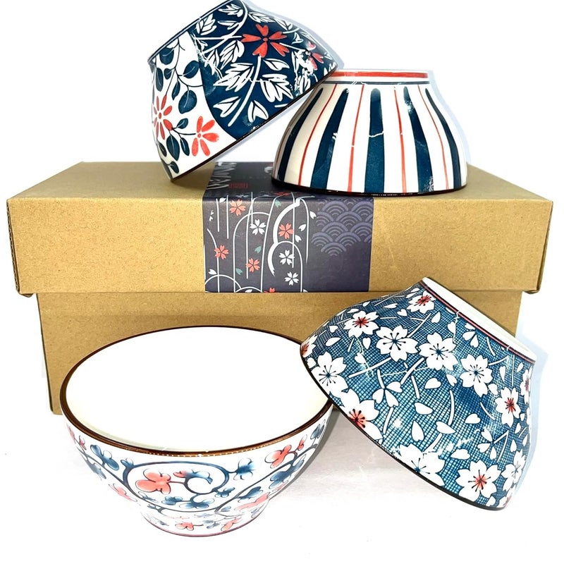 DANSR DANSR Pottery Traiditional Japanese Rice Bowls Assorted Dinnerware Serving Bowls Ceramic Dipping Bowls Side Dishes for Cereal Soup Dessert Snack Fruit Salsa Soup Bowls Serving Bowls Set of 4  - Image 1