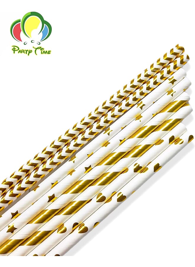 Party Time 100 Pcs Mix Gold Stripe Heart And Star Design Straws For Party Supplies Biodegradable Paper Straws Birthday Wedding Bridal/Baby Shower Decorations And Holiday Celebrations - Image 2