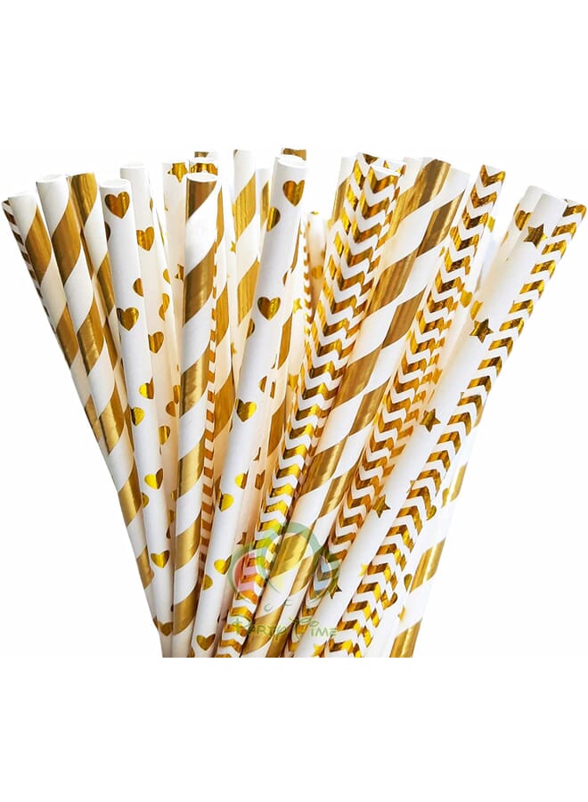 Party Time 100 Pcs Mix Gold Stripe Heart And Star Design Straws For Party Supplies Biodegradable Paper Straws Birthday Wedding Bridal/Baby Shower Decorations And Holiday Celebrations - Image 1