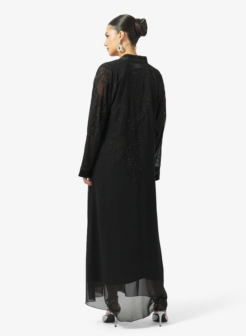 hayas closet Floral Embellished And Embroidered Open Front V Neck Abaya - Image 3