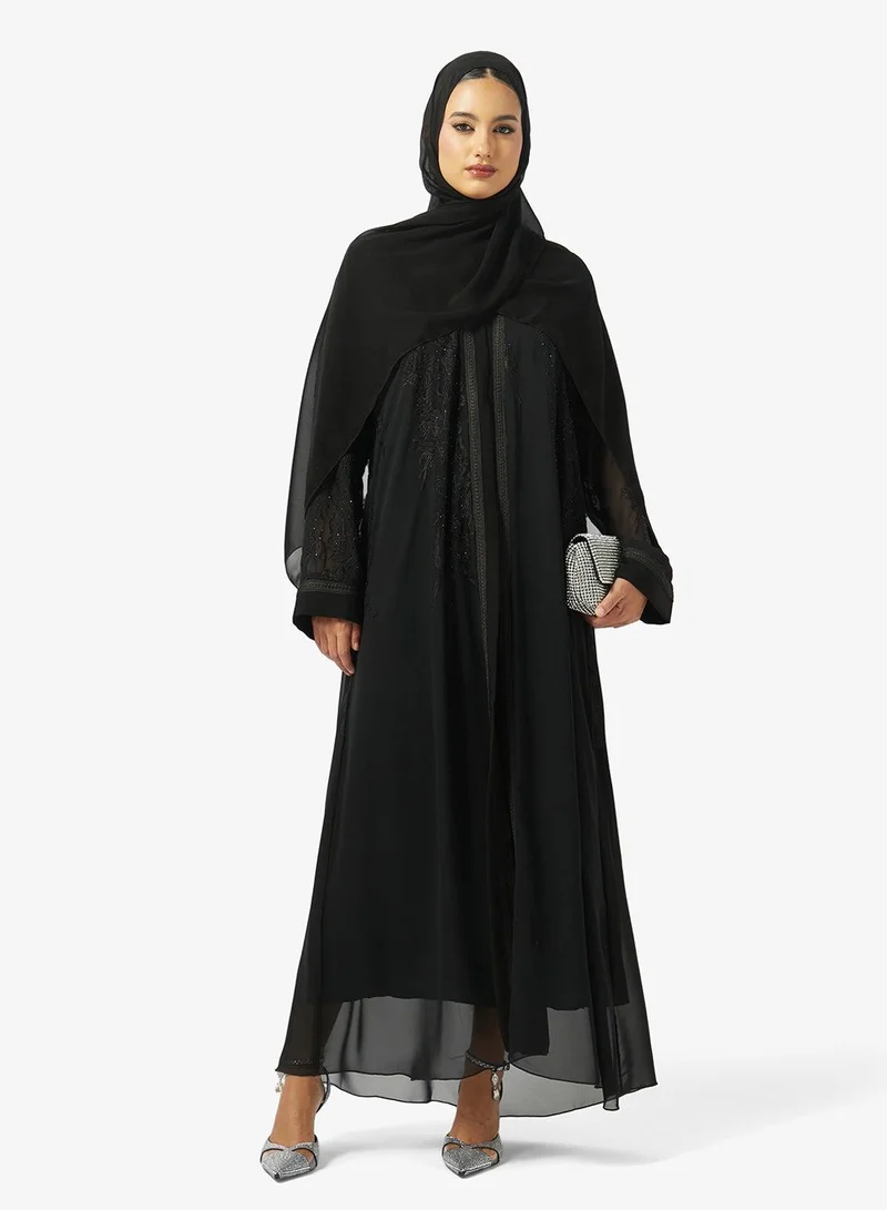 hayas closet Floral Embellished And Embroidered Open Front V Neck Abaya
