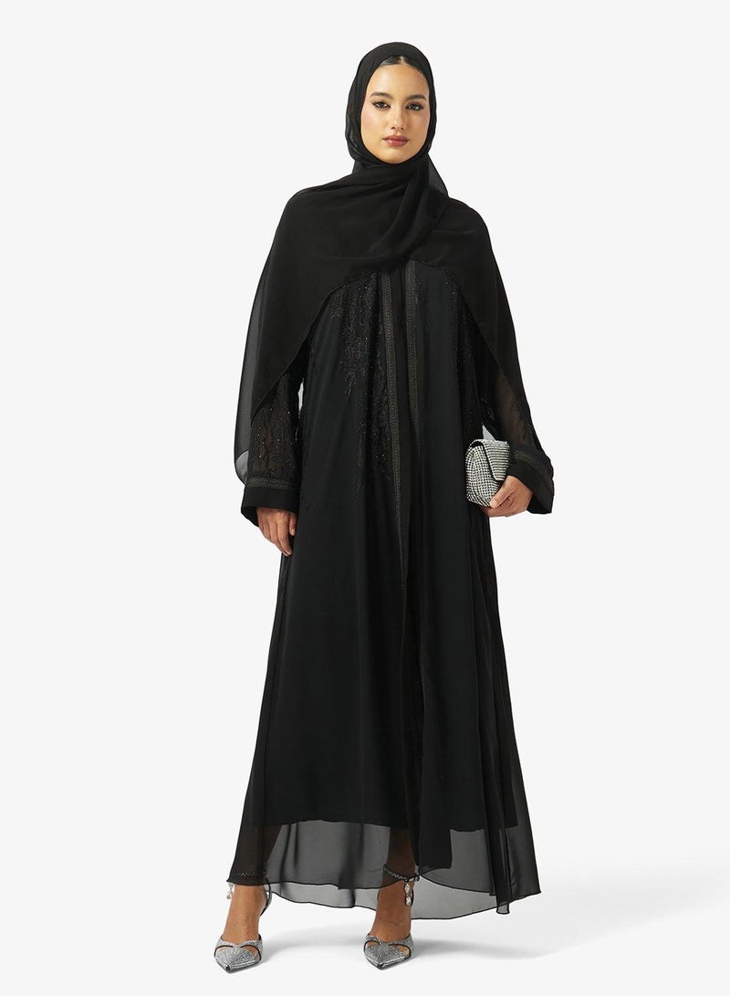 hayas closet Floral Embellished And Embroidered Open Front V Neck Abaya - Image 1