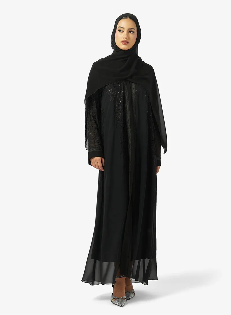 hayas closet Floral Embellished And Embroidered Open Front V Neck Abaya