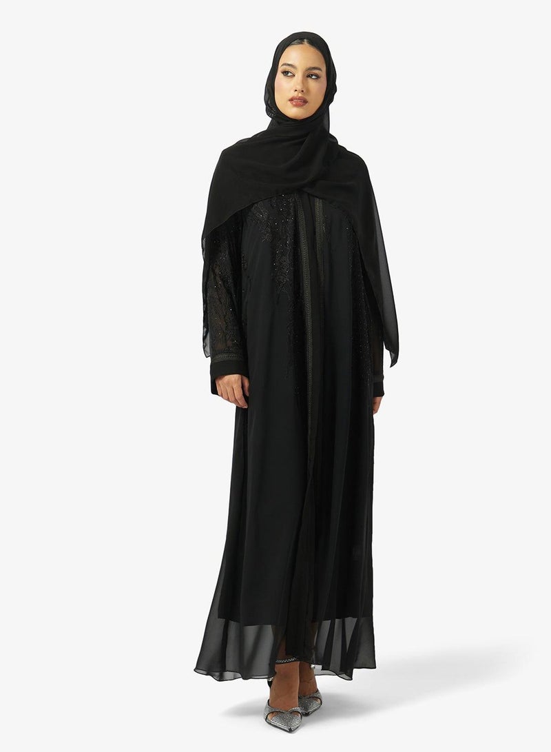 hayas closet Floral Embellished And Embroidered Open Front V Neck Abaya - Image 2