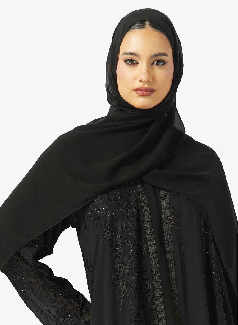 hayas closet Floral Embellished And Embroidered Open Front V Neck Abaya - Image 4