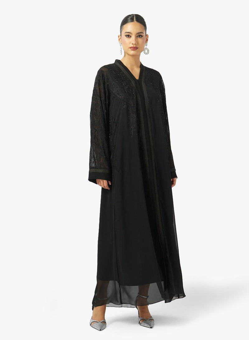 hayas closet Floral Embellished And Embroidered Open Front V Neck Abaya - Image 5