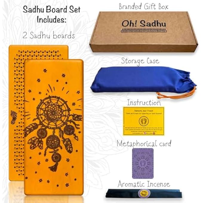 rayihni لوح من خشب ألدر الطبيعي لليوغا والتأمل على المسامير، لوح سادهو للمبتدئين مع مسامير بارتفاع 10 مم، مصيدة أحلام، أصفر - Image 4