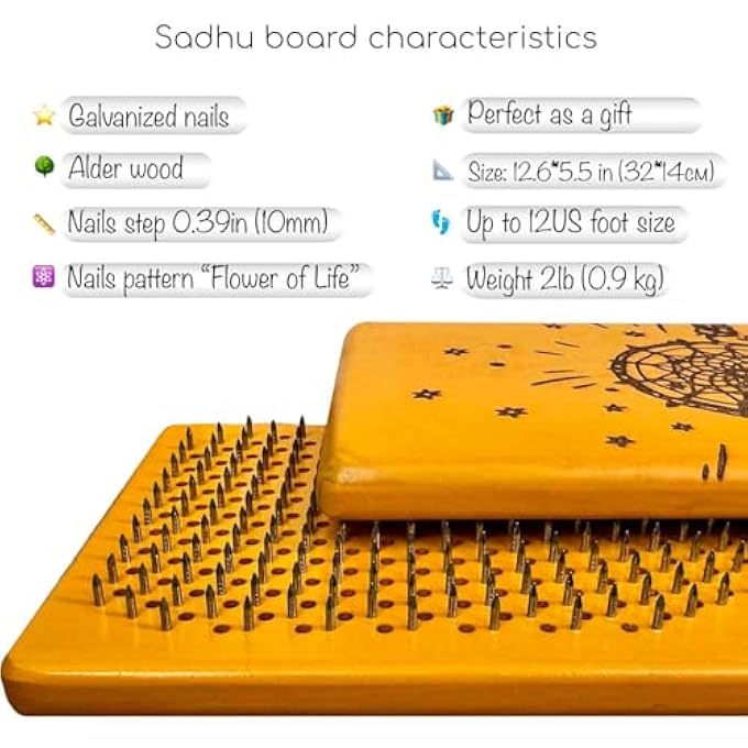 rayihni لوح من خشب ألدر الطبيعي لليوغا والتأمل على المسامير، لوح سادهو للمبتدئين مع مسامير بارتفاع 10 مم، مصيدة أحلام، أصفر - Image 3