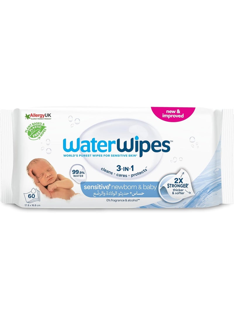 WaterWipes WaterWipes Sensitive Newborn & Baby Wipes, 60 Wipes, 99.9% Water, Fragrance Free & Alcohol Free - Image 1