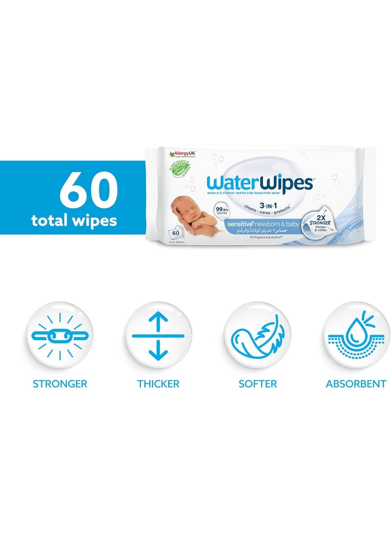 WaterWipes WaterWipes Sensitive Newborn & Baby Wipes, 60 Wipes, 99.9% Water, Fragrance Free & Alcohol Free - Image 2