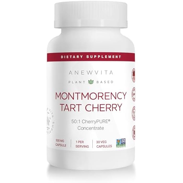 ANEW VITA Montmorency Tart Cherry, Non GMO, Capsules - CherryPure 50:1 Concentrate eq. 25,000 mg - Antioxidants & Flavonoids, Tart Cherry Extract for Gout & Muscles - 30 Veggie Capsules - 1 Month Supply - Image 1