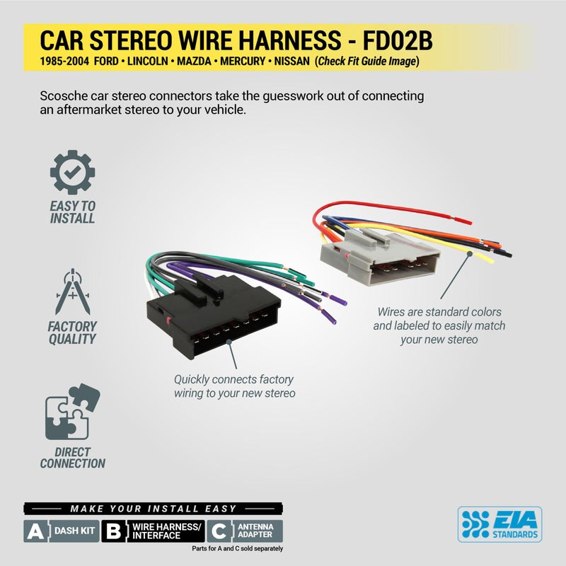 Scosche FD02B Stereo Wiring Harness Compatible with Select Non-Amplified 1985-2004 Ford, Lincoln, Mazda, Mercury and Nissan Vehicles - Car Stereo Harness - Check Vehicle List in Images for Your Model - Image 5