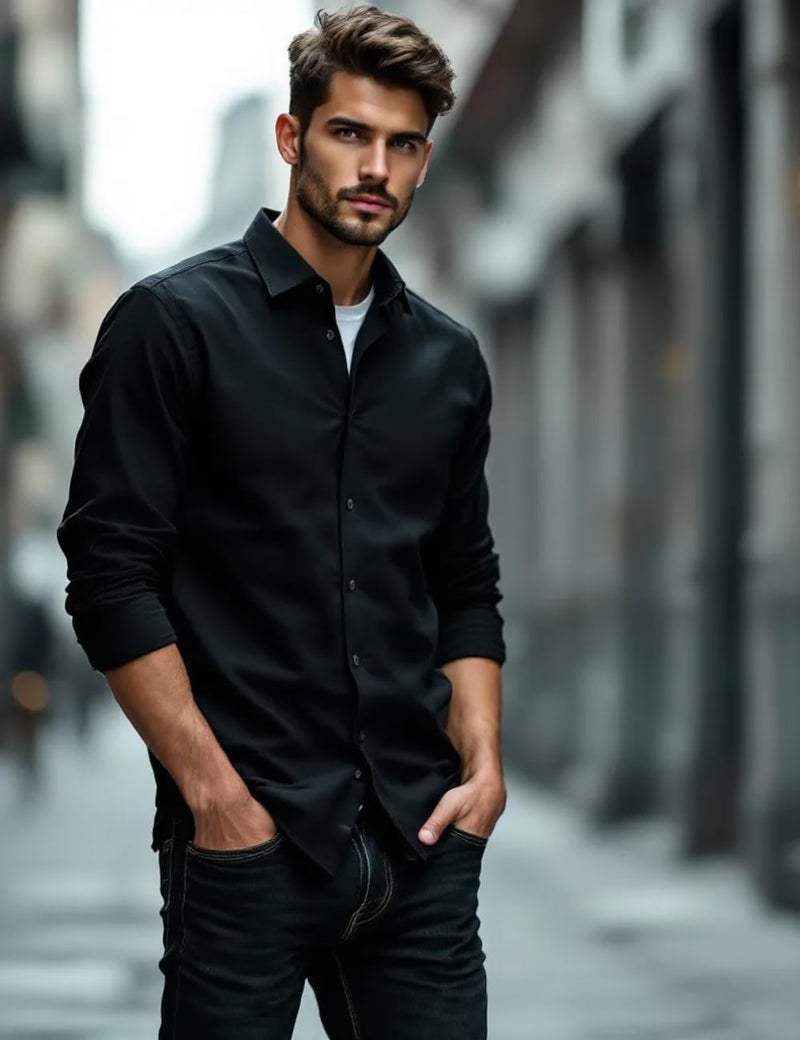 Glowic Men's Plain Casual Shirt | Cotton Soft & Breathable Fabric | Full Sleeve Comfort Fit Stylish Solid Shirts for Office (in, Alpha, XL, Regular, Black) - Image 2