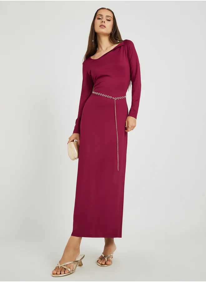 ستايلي Solid Asymmetric Neck Sheath Midi Dress with Waist Chain